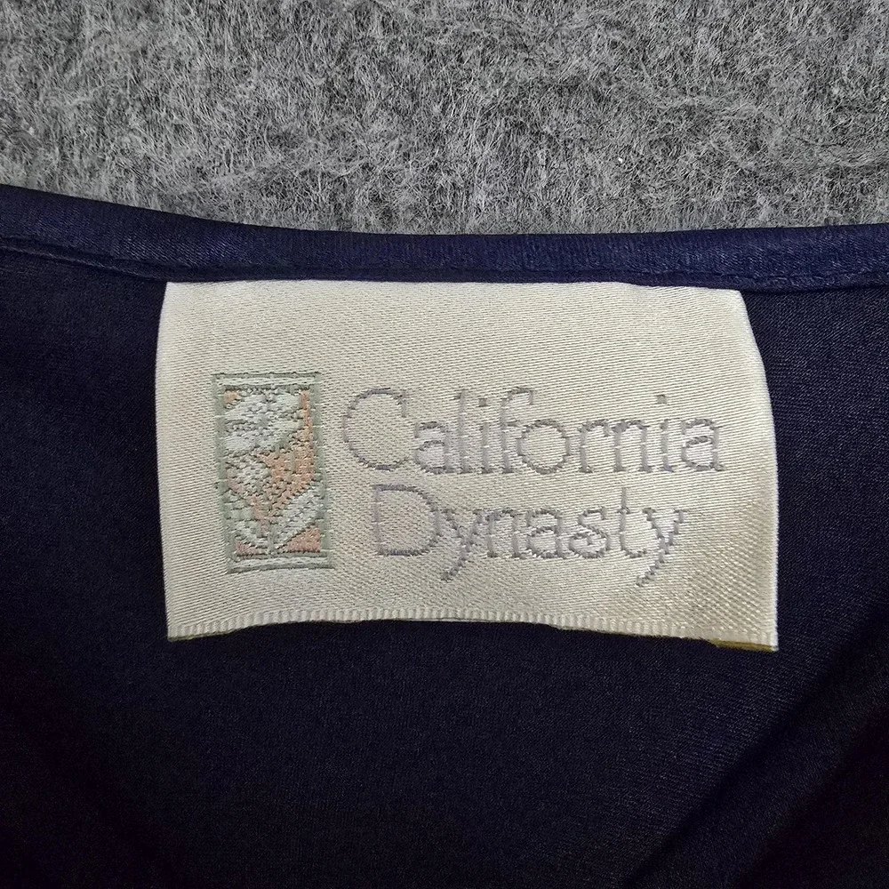 Vtg California Dynasty Nightgown Womens M Navy Satin Rose Chemise‎ Slip Dress